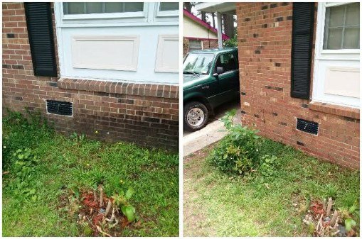 Brick and siding at the corner of a house, dulled by dirt on the left and washed clean on the right
