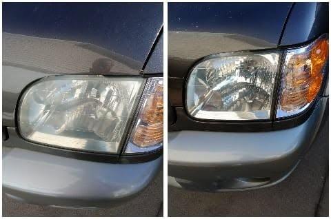 Clouded yellow headlight lens on the left and the same lens clear on the right after restoration