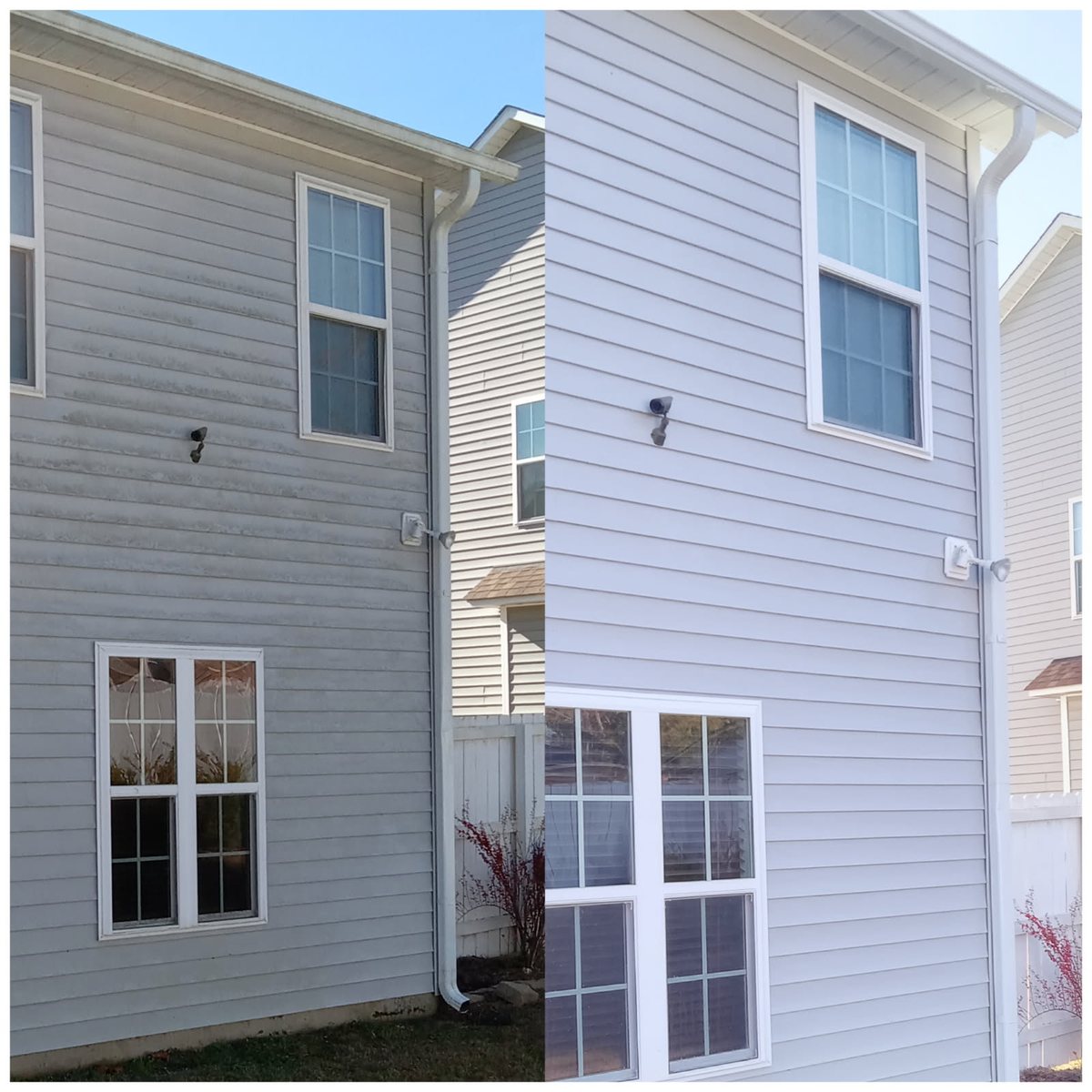 Two story vinyl siding covered in grey and green streaking on the left, the same wall clean and white on the right after a soft wash