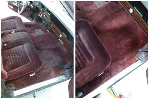 Stained and matted car carpet and seat on the left, deep cleaned and uniform on the right